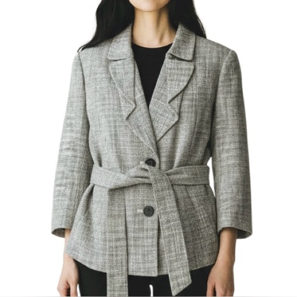 The Limited Black White Gray Tweed Belted Blazer Tailored Lined Womens XL NWT
